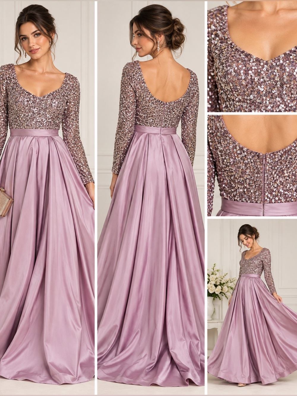 Sequin Long Sleeve Satin Ball Gown Prom Formal Dress Lavender M